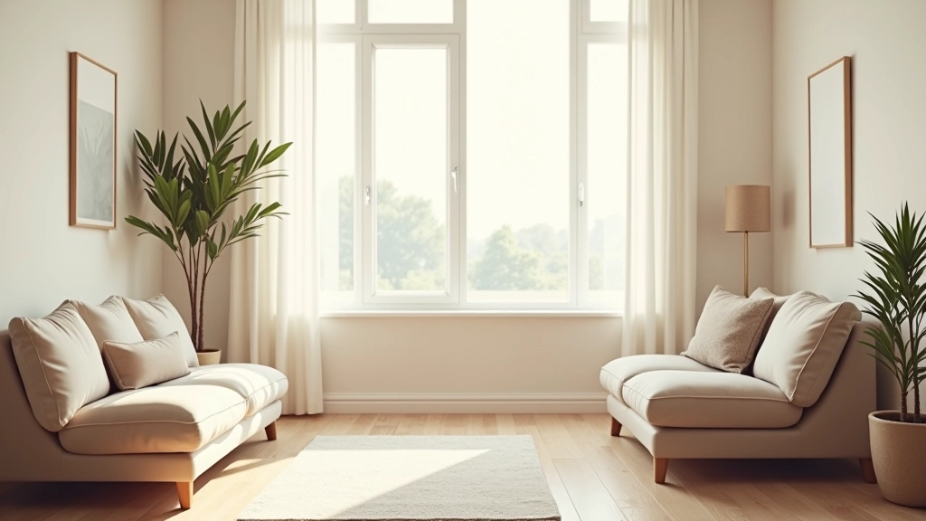 Calm home interior space with comfortable seating near window, soft natural lighting, peaceful environment