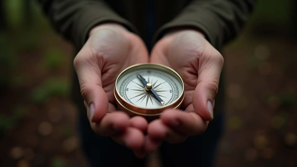 Close-up of hands holding compass against blurred forest background