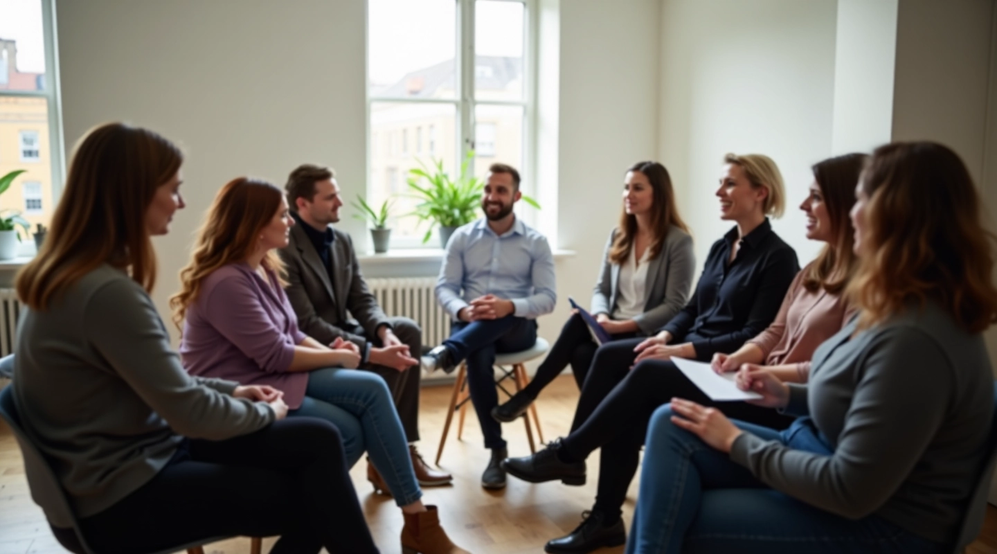 Group workshop participants discussing personal values in modern bright studio setting
