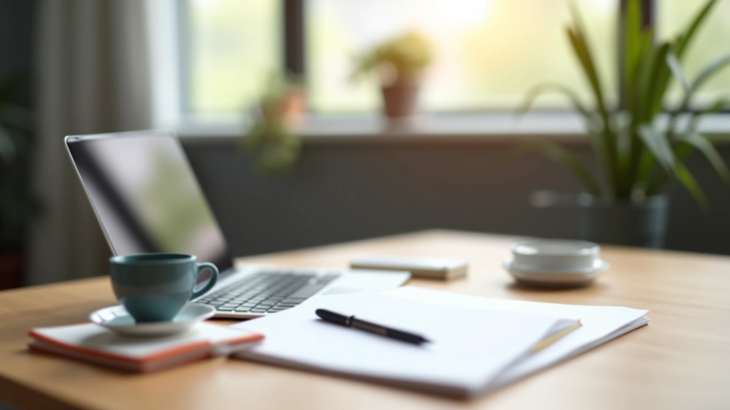 Laptop and notebook on wooden desk with coffee cup, workspace organized for focused work