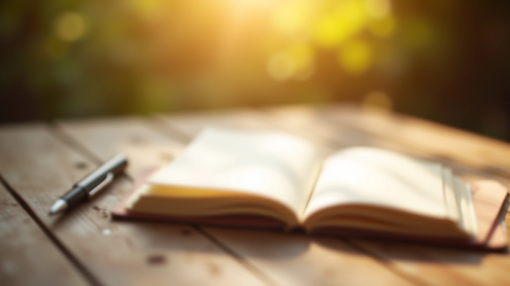 Journal and pen on wooden table with warm afternoon sunlight