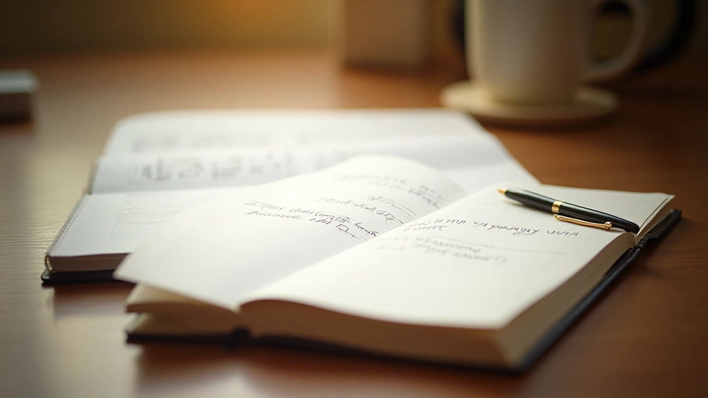 Open notebook with handwritten notes and pen, planning and reflection workspace