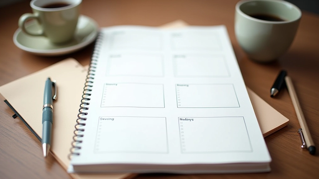 Weekly planner and notebook open on desk with coffee cup and pen