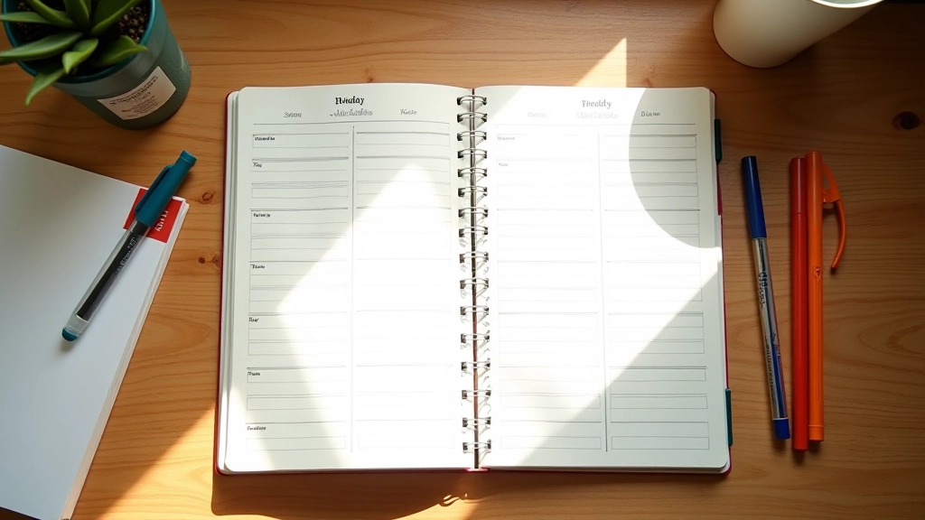 Overhead view of open weekly planner notebook with handwritten notes and color-coded entries on wooden desk