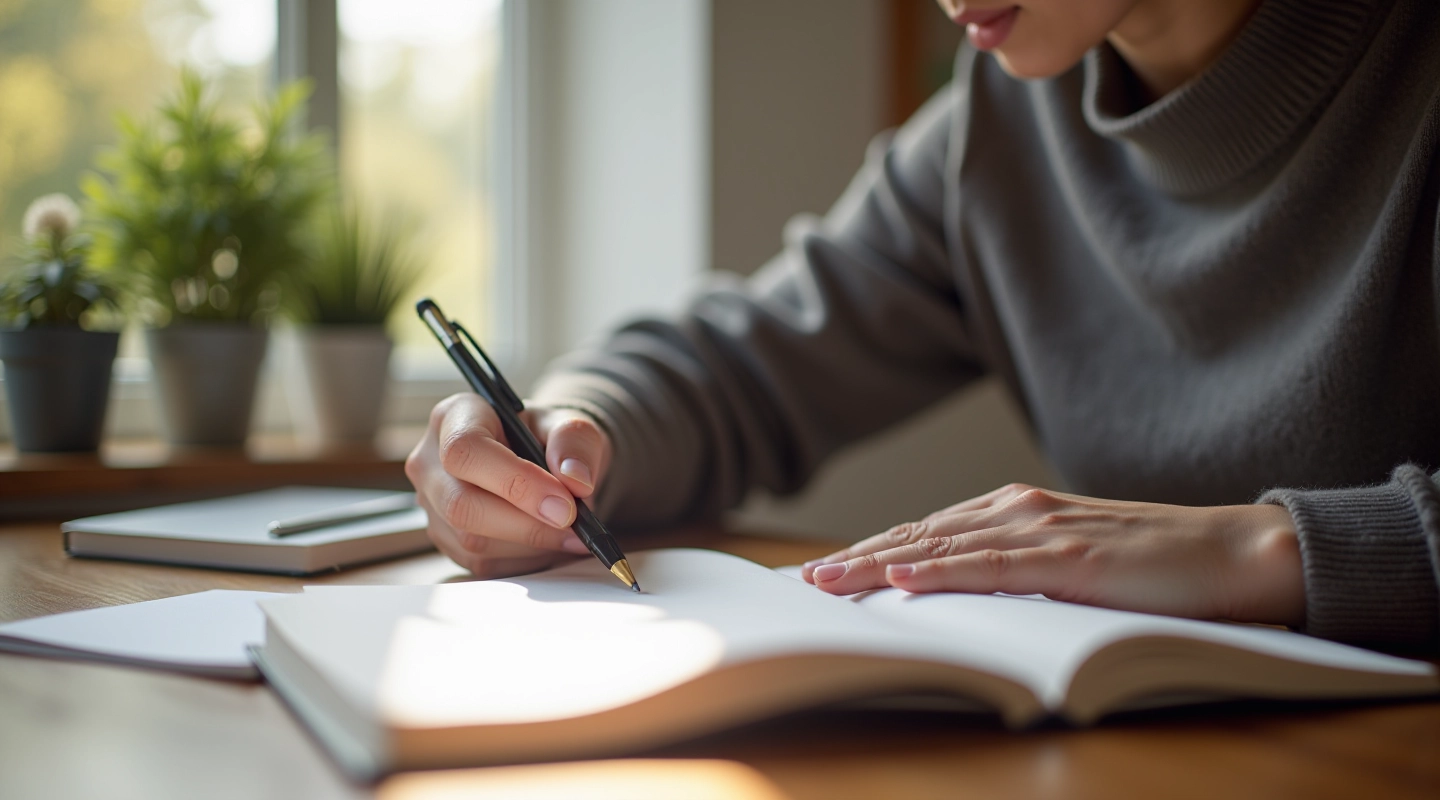 Person writing in journal at wooden desk with morning sunlight streaming in