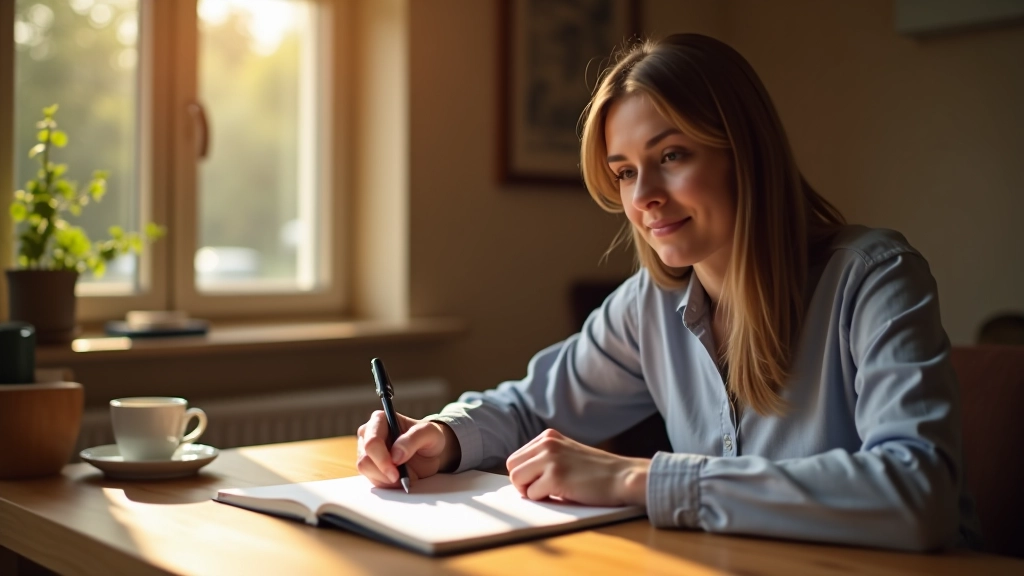 Person writing in journal at desk with pen and cup of tea, morning light, calm workspace
