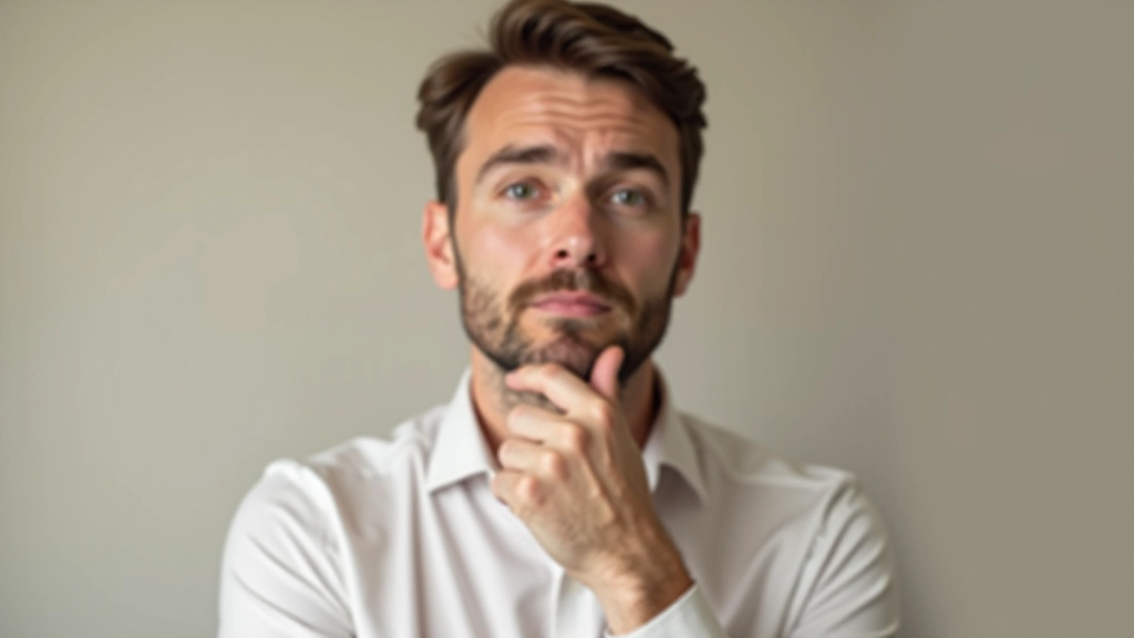 Person with thoughtful expression, hand near chin, contemplative pose in neutral background
