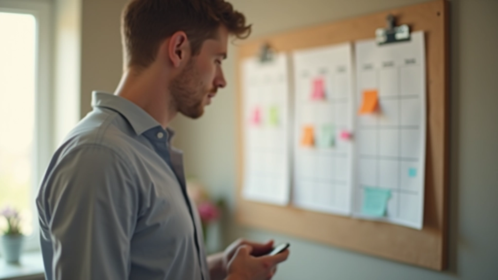 Person looking at wall calendar with color-coded notes and sticky reminders for different activities