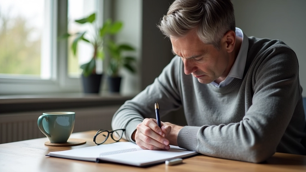 Person writing in journal with coffee and glasses on desk, values reflection and clarity work