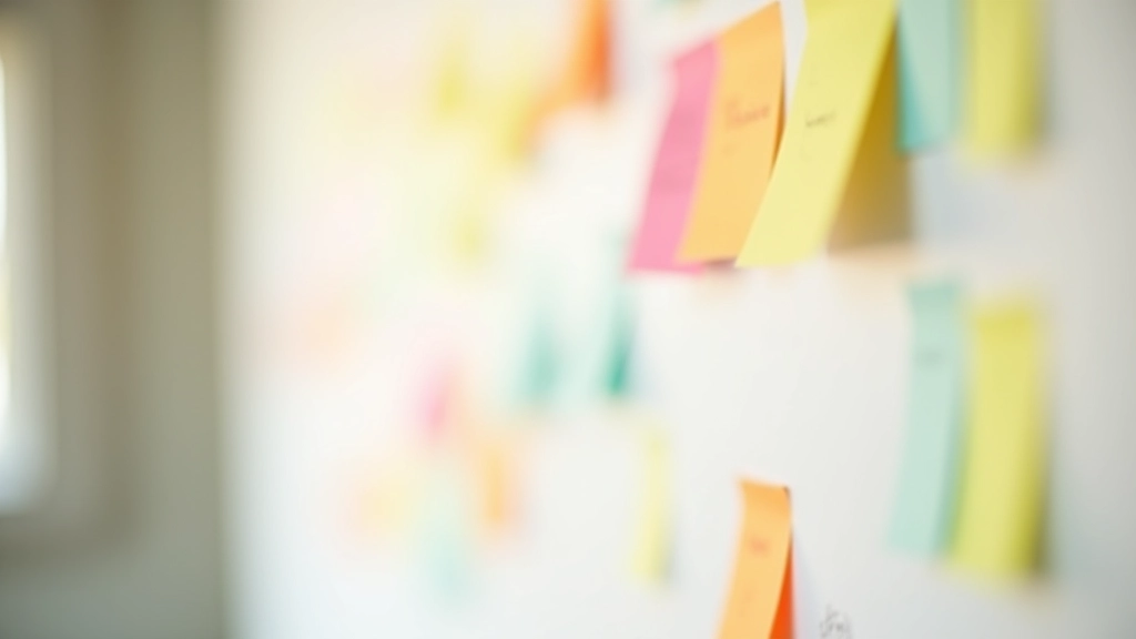 Colorful sticky notes on wall with values and goals written, planning board with organization