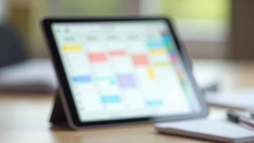 Weekly calendar view on tablet screen with time blocks and color-coded activities scheduled