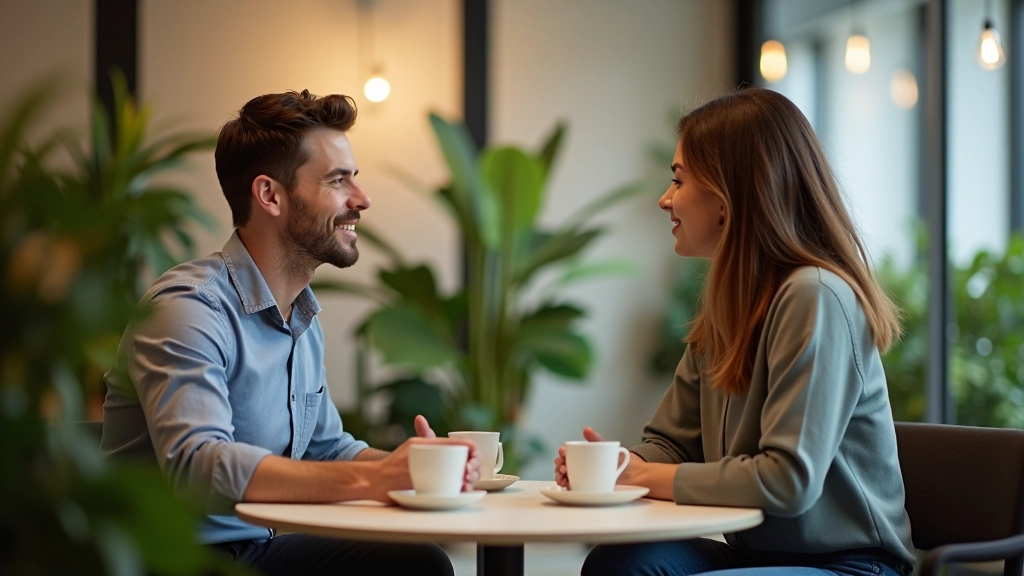 Diverse colleagues in casual meeting room, having conversation around table with coffee cups and notebooks