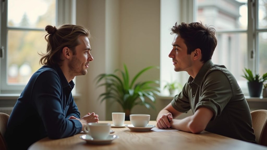 Two people having a calm, focused conversation at a table with coffee cups, natural lighting from window, professional photography
