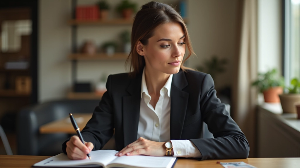 Professional woman at wooden desk with journal and coffee, reflecting on personal values, natural window lighting, focused expression