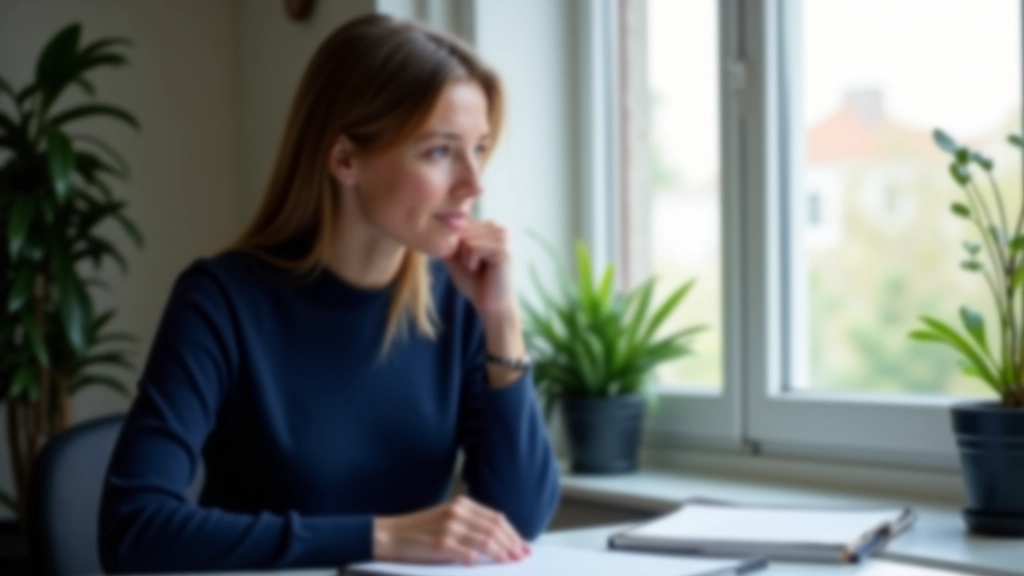 Professional woman at desk looking thoughtfully out window with morning light streaming in