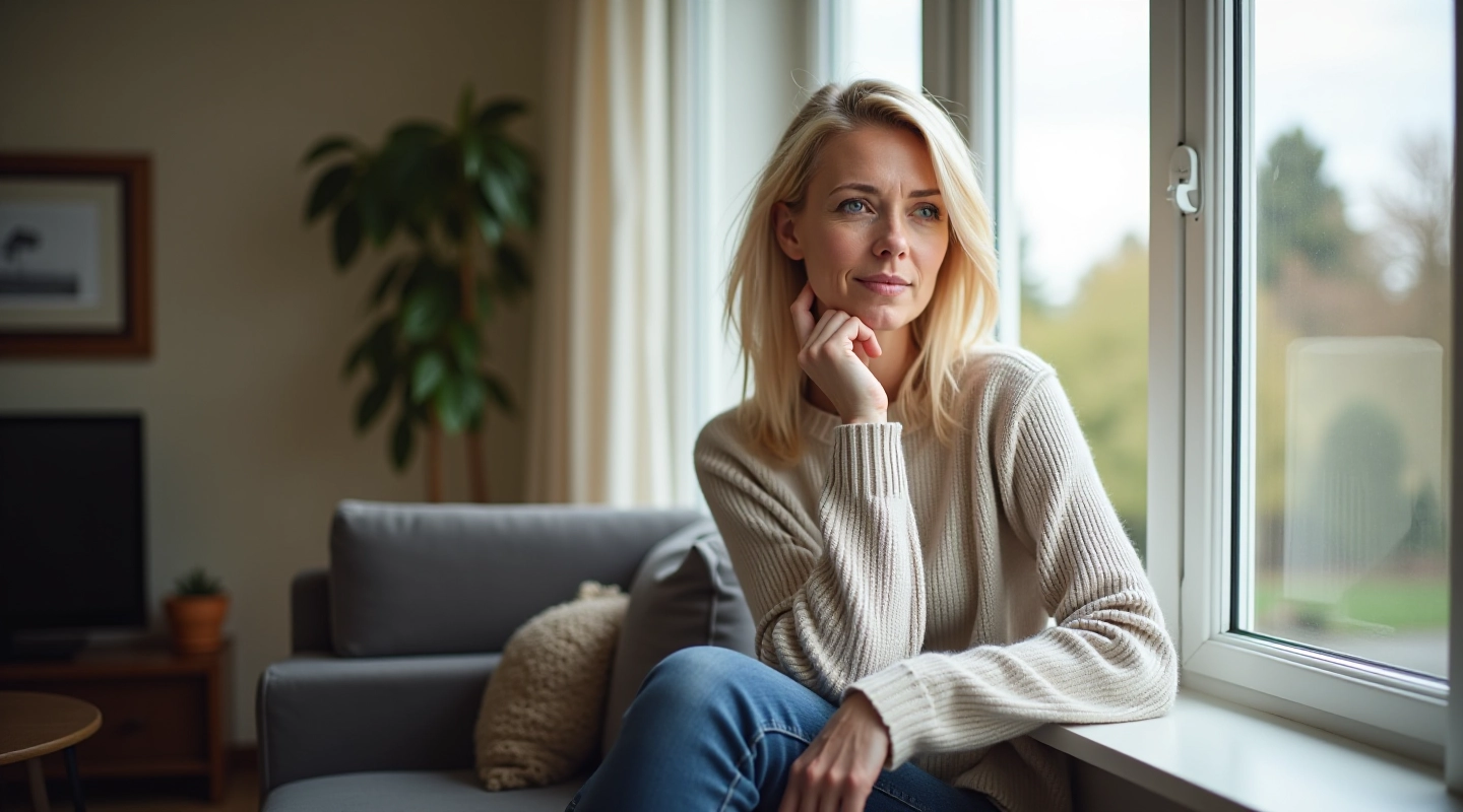 Woman in thoughtful pose looking out window, natural morning light