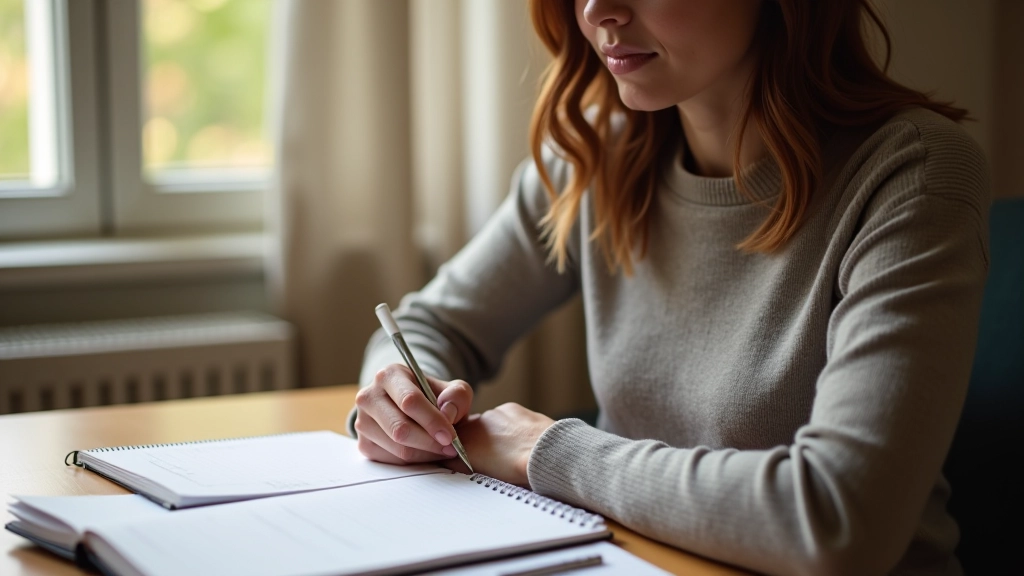 Person writing in notebook, tracking weekly schedule with pen and calendar, organized workspace